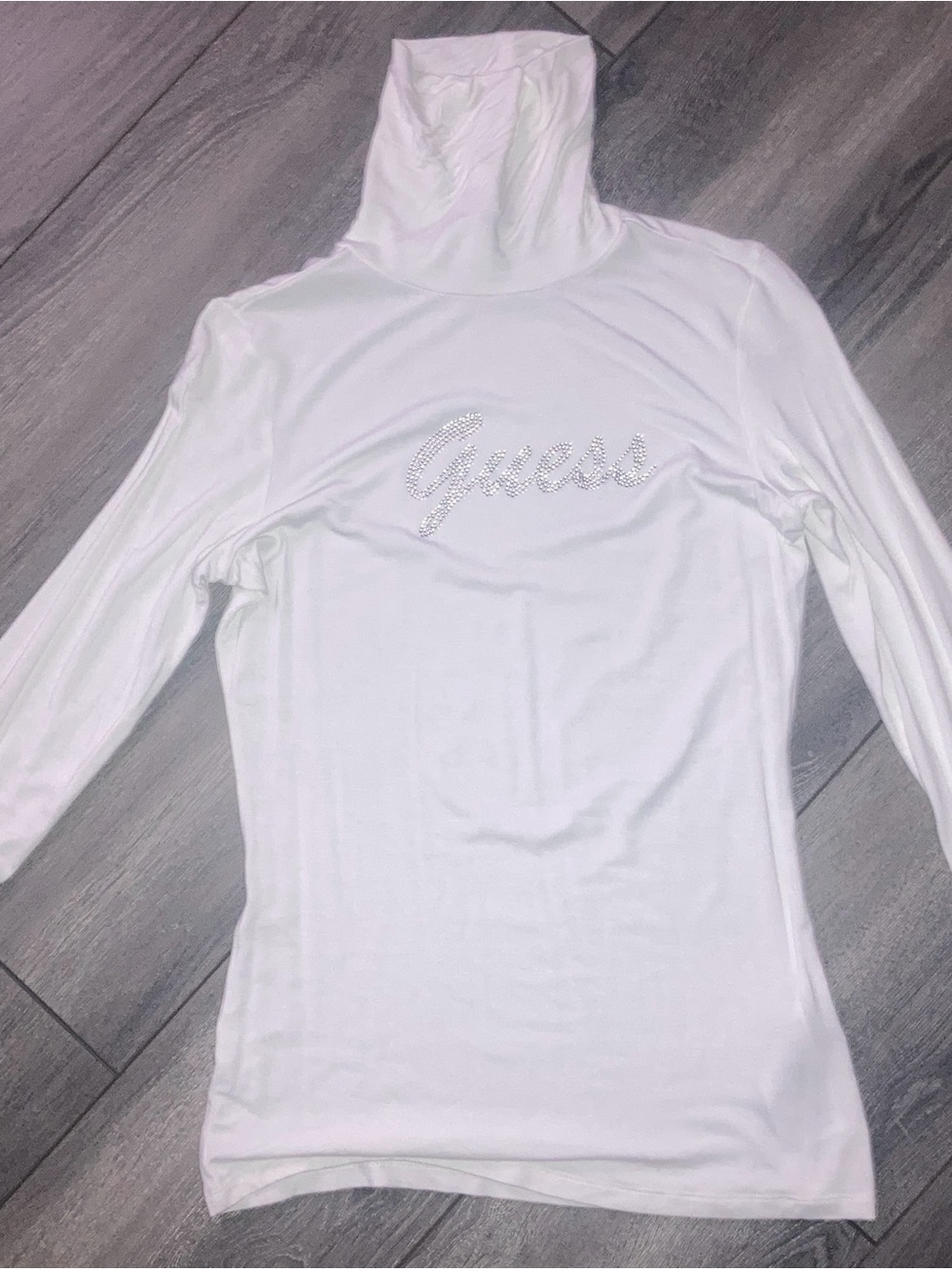 GUESS White Rhinestone Logo Turtleneck Long Sleeve Top